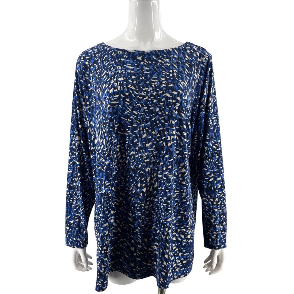 Susan Graver Womens Top Plus Size 1X Blue White Printed Boat Neck Stretch Knit